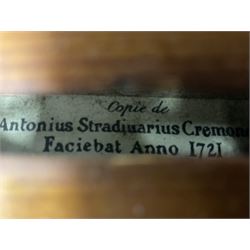 Four violins 1/8th size; half size with Nicolas Bertholini label; three-quarter size with Stradivarius copy label; and full size with Marquis De L'Air label (4)