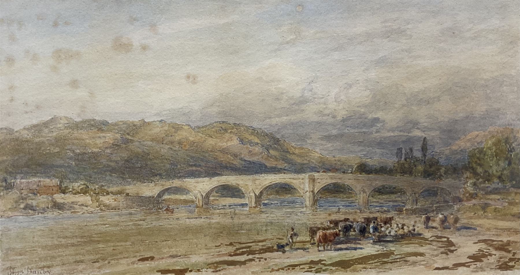 Thomas Danby (British 1818-1886): Herding Cattle by Bridge, watercolour signed 20cm x 37cm