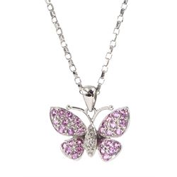 9ct white gold pave set diamond and pink sapphire butterfly pendant necklace, hallmarked