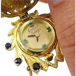  Igor Carl Faberge for Franklin Mint 14ct gold peacock watch pendant necklace, the peacock wings diamond, enamel and sapphire set, with a single suspended pearl, the back with hidden quartz watch, boxed