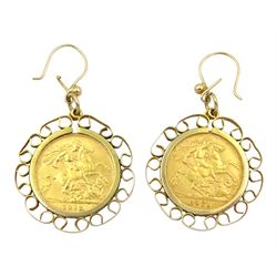 Two gold half sovereigns dated 1911 and 1912,  loose mounted in 9ct gold pendant earring mounts, hallmarked