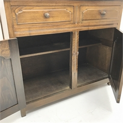 Late 20th century oak dresser, raised two tier plate rack above two drawers and two cupboards, stile supports, W96cm, H165cm, D42cm