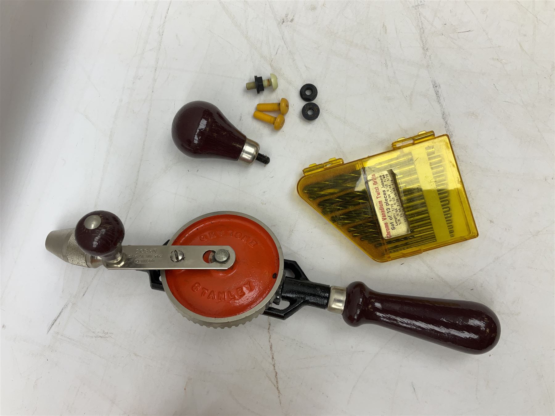 Boxed Stanley 803 hand drill, set of 13 twist drills etc