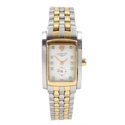 Longines DolceVita ladies stainless steel and gold quartz wristwatch, Ref. L5.155.5, mother of pearl dial with diamond hour markers and diamond set heart and 12 o'clock