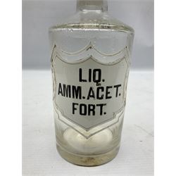 Three Victorian apothecary chemist bottles complete with labels and glass stoppers, H22cm