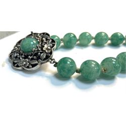 Chinese jade bead necklace with silver open work clasp with a cabochon greenstone/possibly jade bead necklace, signed Liu with Chinese character marks
