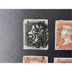 Queen Victoria penny black stamp, black MX cancel and various other imperf stamps