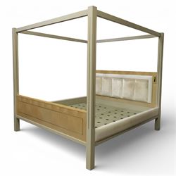 Contemporary maple and inlaid brass Emperor sized four poster bed, rectangular canopy fram...