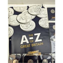 Queen Elizabeth II United Kingdom 2018 A to Z ten pence coin collection, with completer medallion, on Change Checker cards