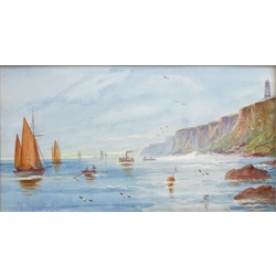 'On the Yorkshire Coast' and 'The Highlight Whitby', two 19th/20th century watercolour signed by A W Russell 21cm x 38cm in gilt frames  