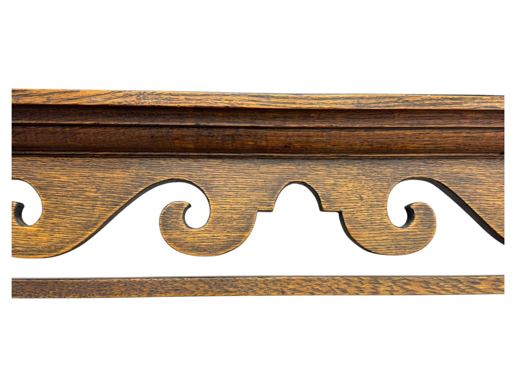 19th century and later oak dresser, moulding cornice a pierced and shaped frieze, over two open plate shelves above a base fitted with two drawers with brass swan neck handles, over panelled twin cupboard with single shelf, cantered corners on bracket feet