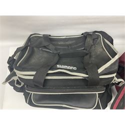 Collection of fishing memorabillia and equipment, including an Allcocks three piece split cane trout fly rod, Shakespeare Salt 3600 surf rod, two tackle bags, Old Red Seastreak multiplier reel, Sportext Saltwater fixed spool reel, fishing dvds, etc