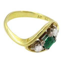 18ct gold three stone square cut emerald and round brilliant cut diamond cross over ring, emerald approx 0.45 carat