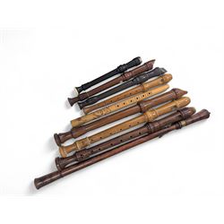 Collection of recorders, including wooden and plastic examples, maker's including Roessler...
