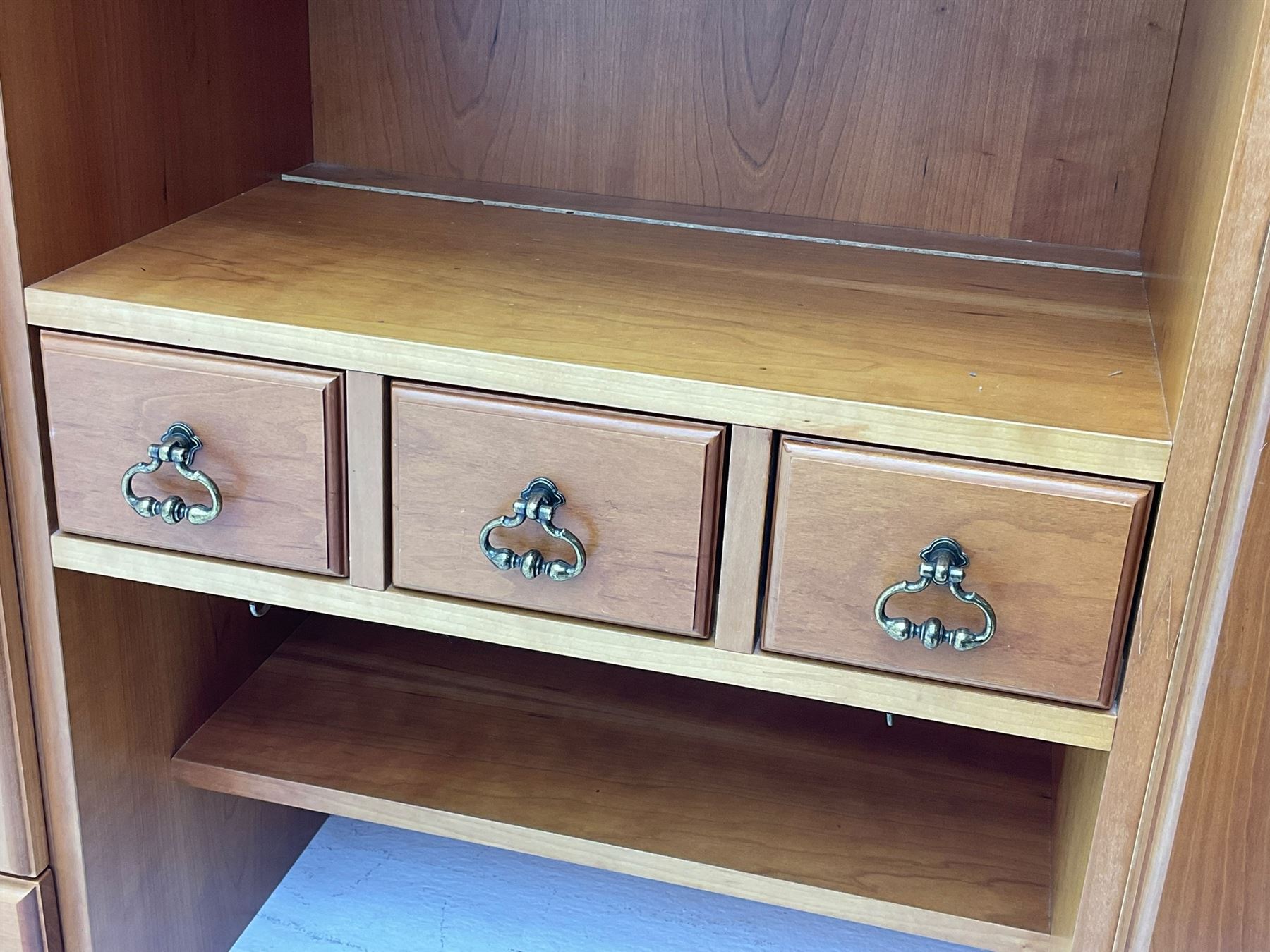 Art Nouveau design cherry wood kitchen wall unit, two leaded glazed doors with stained tulip decoration