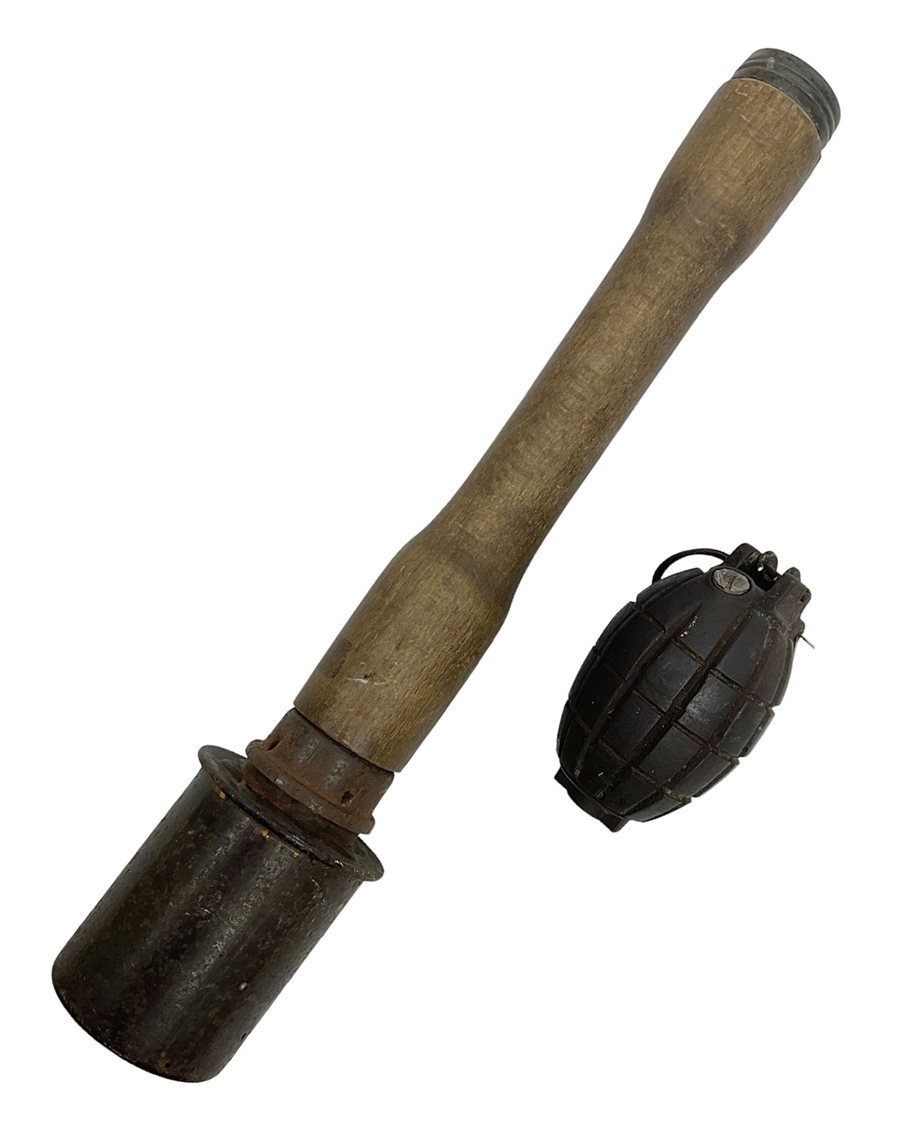 WW1 practice Mills bomb stamped 'A.L. & Co 1917 No.23 Mk.II' H10cm; and reproduction WW2 German stick grenade (2)