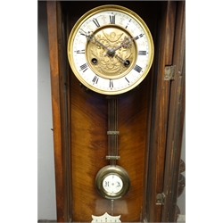  Early 20th century Vienna style wall clock, twin train movement striking on coil, H86cm  