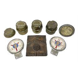 Three brass cart wheel hub caps for W. Johnson & Son Builders Hull, another for W. Harrison Builder Hull, copper printing plate for Hull & Barnsley Railway Timetable, two Hull & District Road Transport Training Group Advanced Driver car badges and framed 1952 car road task disc (8)  