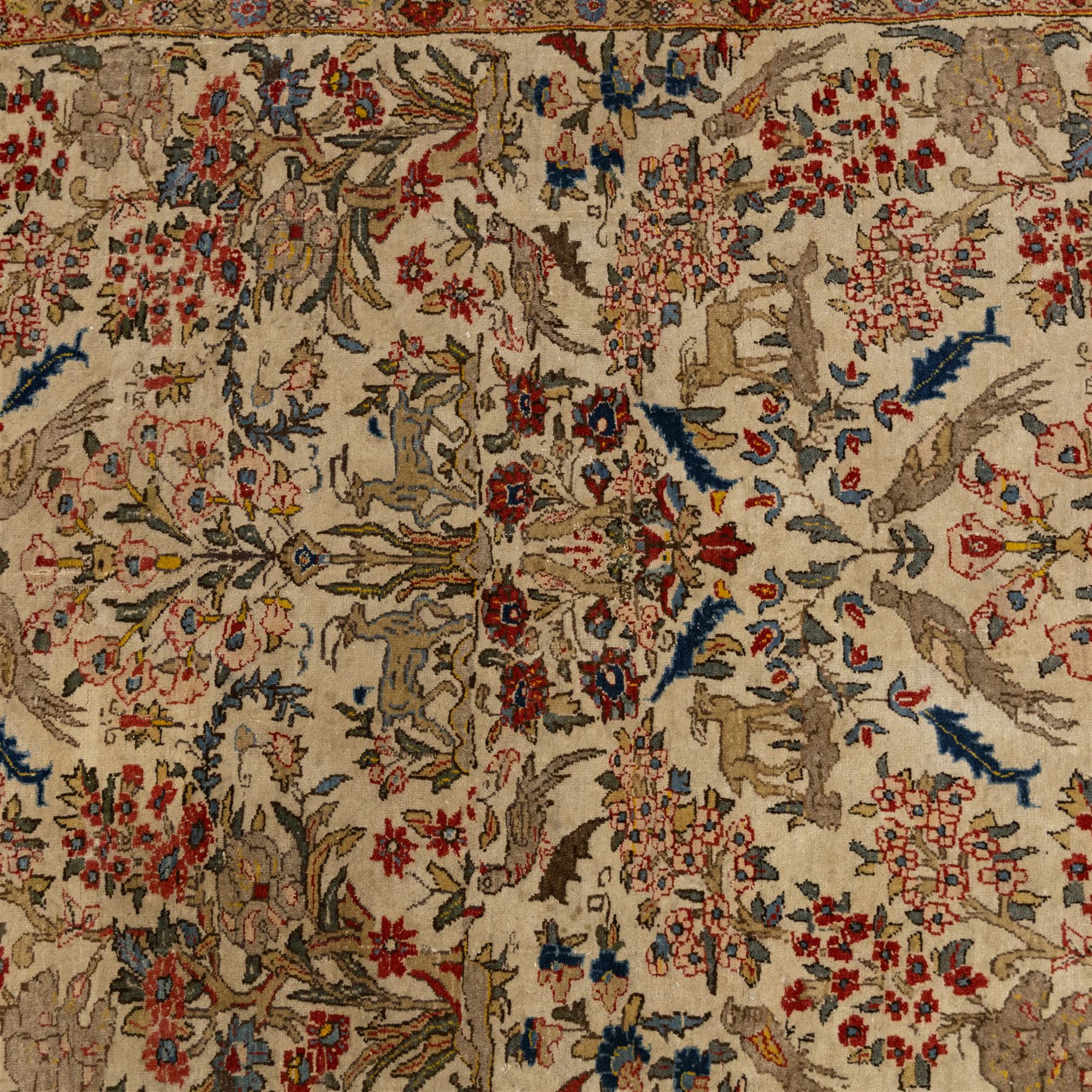 Persian pictorial Kashan rug, ivory field woven with a central tree of life surrounded by flowering plants, birds, and animals, enclosed by a broad turquoise border with scrolling foliage and palmettes