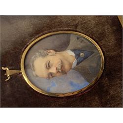 Edwardian painted portrait miniature upon ivory, head and shoulder portrait of a gentleman, in oval pinchbeck frame, and further rectangular frame with plush mount and easel style support verso, overall H 14.5cm L12.5cm