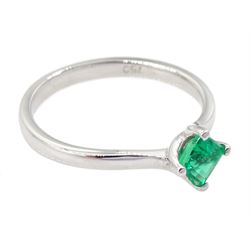18ct white gold emerald ring, four claw set with a single square cut emerald of approx 0.30 carat, stamped 750