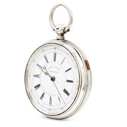 Victorian silver centre seconds key wound chronograph pocket watch No. 31808, white enamel dial with Roman numeral hour markers and outer track numbered 25-300, case by Henry Green, Chester 1889