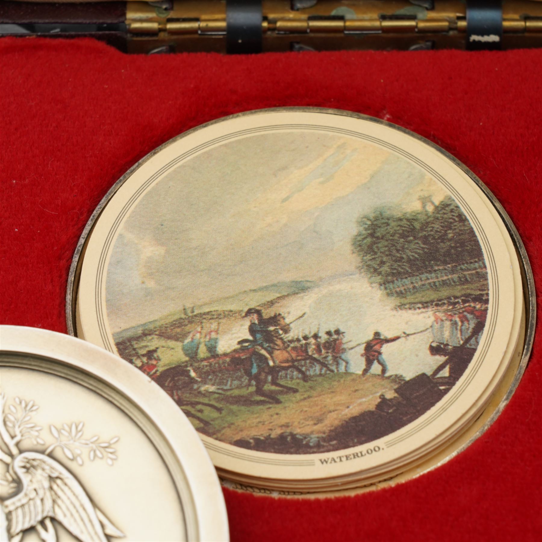 Toye, Kenning & Spencer - Limited Edition 'Wellington Commemorative Picture Medal', silver, originally gilded, with the accompanying small circular battle prints 7.8cm, with tweezers in case