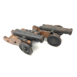  Pair of early 20th century Stafsjo Bruk signal canon, with 22cm tapering iron barrels on pine carriages with named cast wheels, L36cm (2)  