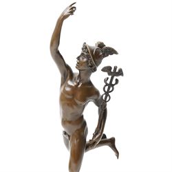 After Giambologna (Italian 1529-1608)- Bronze figure of Mercury holding the caduceus, with signature and foundry mark on marble base H43cm