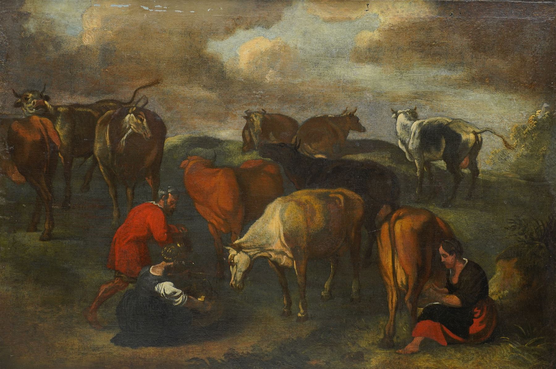 Circle of Karel Dujardin (Dutch 1626-1678): Pastoral Scene with Milkmaids and Cattle, oil on canvas unsigned 55cm x 83cm
