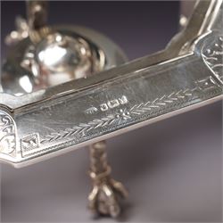 Victorian silver tea and coffee set engraved with classical urns, oval paterae and scrolling foliage, monogram and 'Diligentia et Honore' comprising teapot, tea kettle on spirit heater stand, coffee pot, two handled sugar bowl and cream jug Sheffield 1891 Maker John Round & Son Ltd