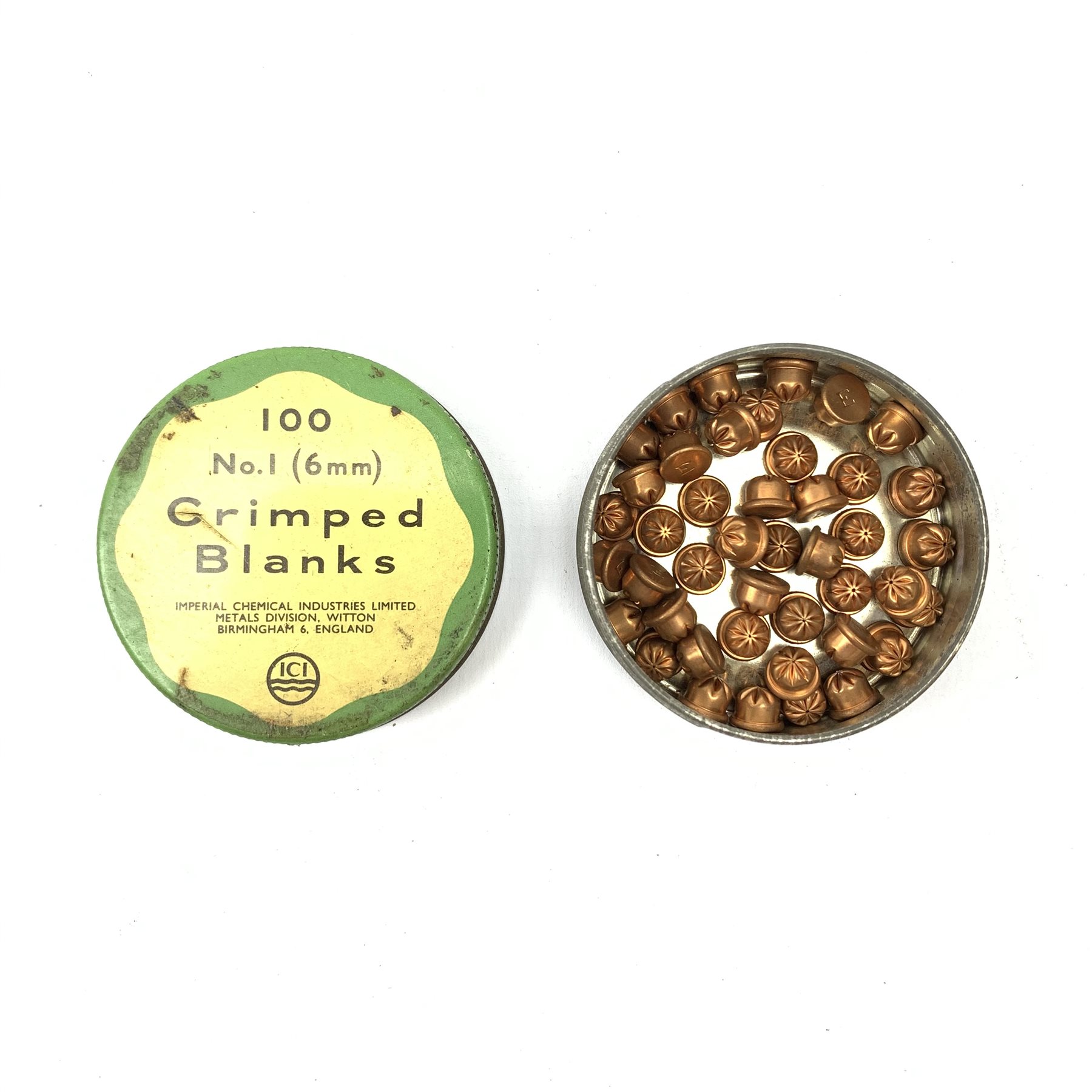 Em-Ge top venting blank firing starting pistol, boxed; and quantity of crimped blanks in ICI tin