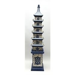 A blue and white multi-storeyed tulip vase modelled as a Pagoda in the Dutch style, overall H88cm. 