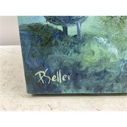 Paula Seller (Northern British Contemporary): Surrealist Sky with Leaves, oil on canvas signed 69cm x 61cm