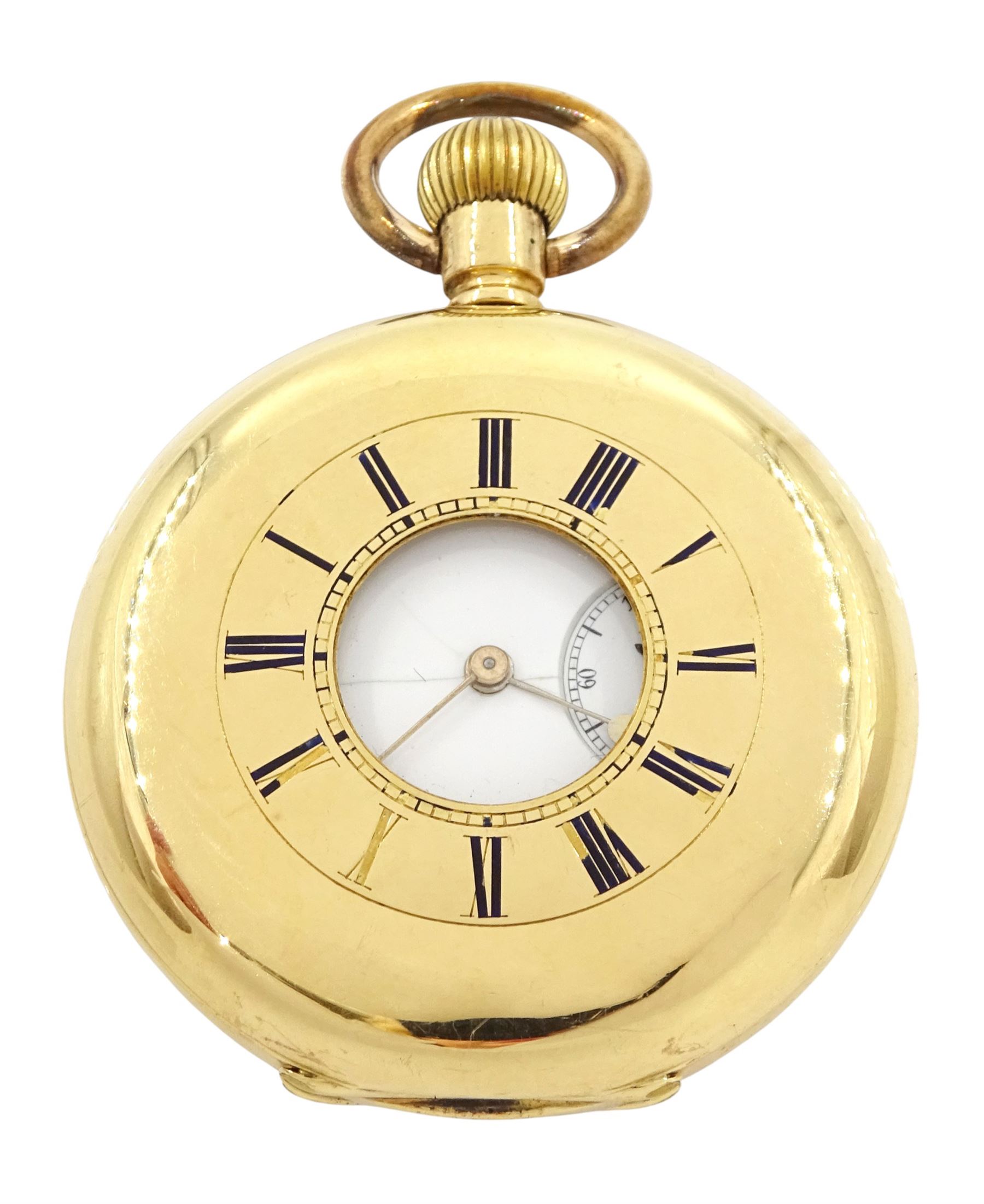 19th / early 20th century 18ct gold half hunter keyless lever pocket watch, white enamel dial with Roman numeral hour markers and subsidiary seconds dial, back case with monogramed initials, stamped 18K with Helvetia hallmark