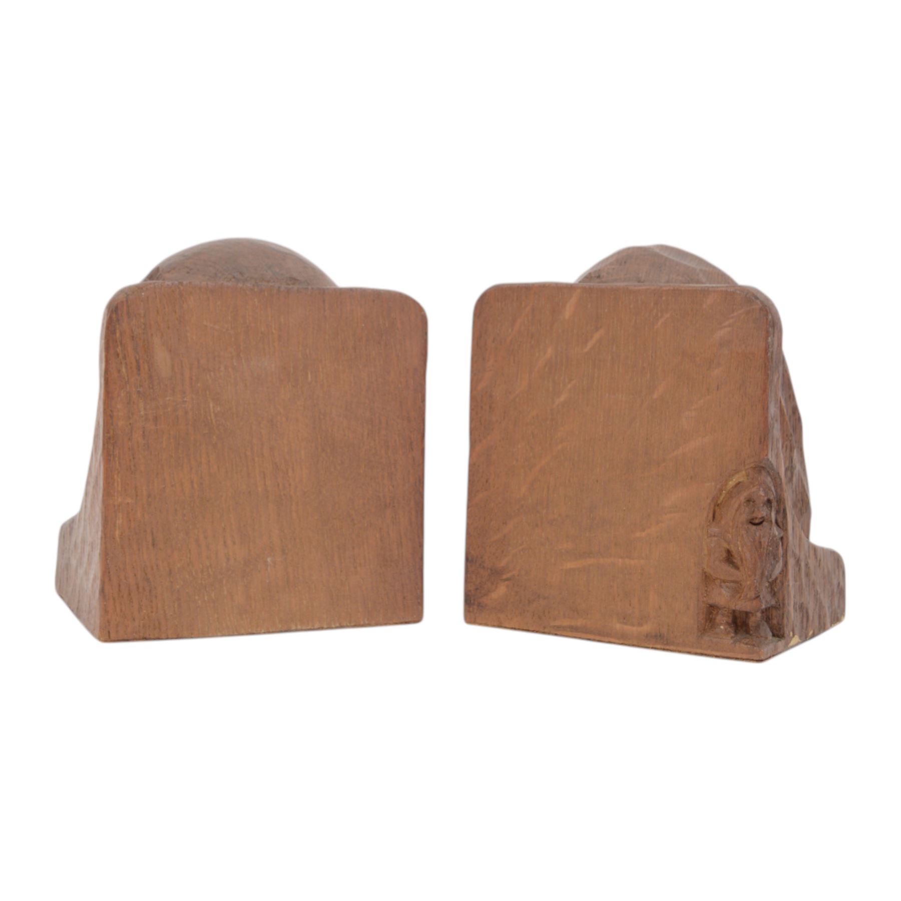 Gnomeman - pair of tooled oak figural bookends, each carved as a friar, with adzed detailing, one example signed to the back with a gnome in relief, by Thomas Whittaker, Littlebeck, each approximately H14.5cm