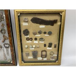 Collection of metal detecting finds, most contained within display frames and labelled, some loose, to include musket balls, bill hook, axe fragment, hubcaps, shell cases, regimental badges, coins, etc. 