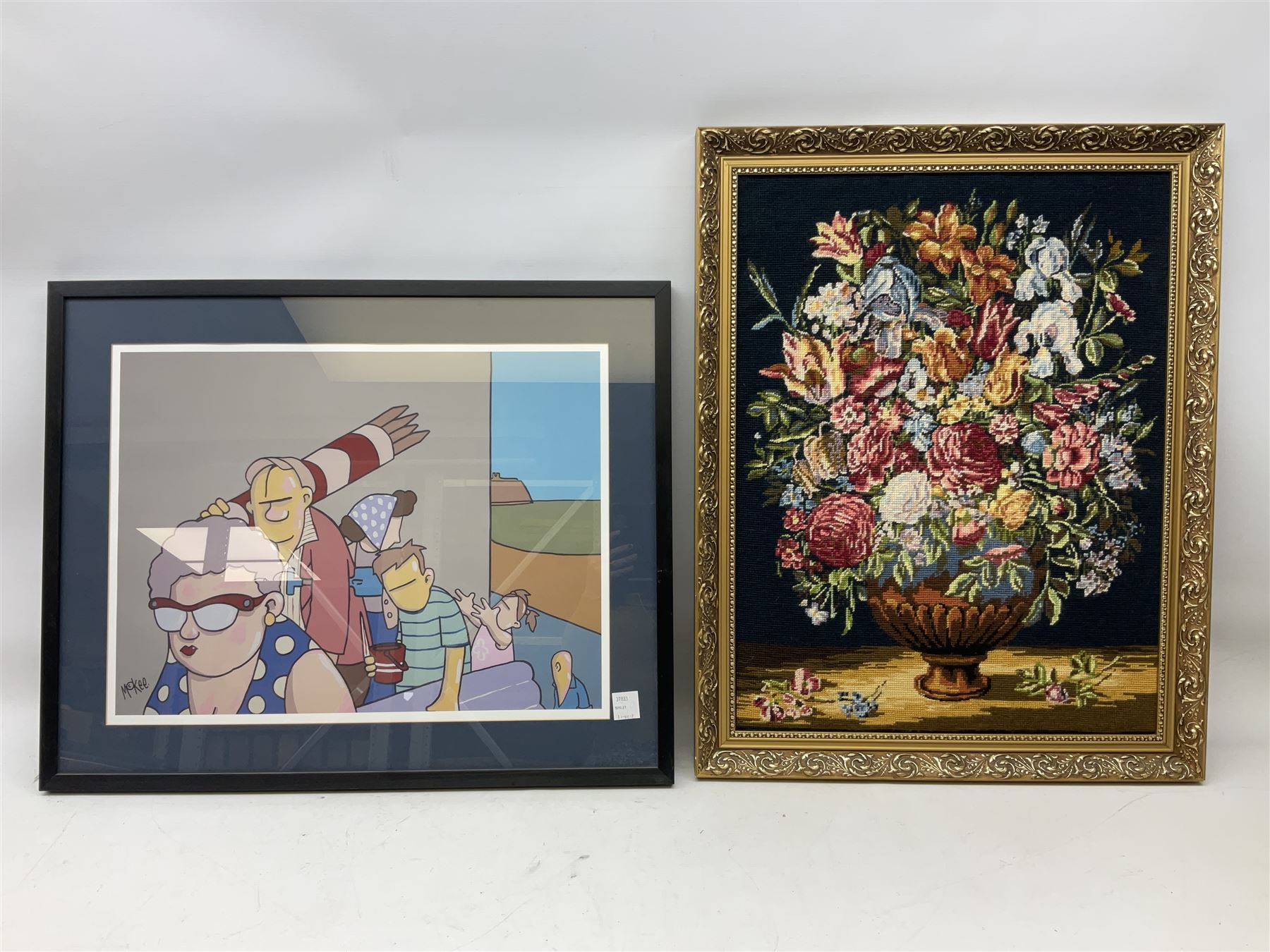 After Pete McKee (British 1966-): Picnic and Going to the Beach, pair colour prints 56cm x 42cm together with cartoon of dogs and five other prints and originals including caricature watercolour of 'Top Tec' (8)