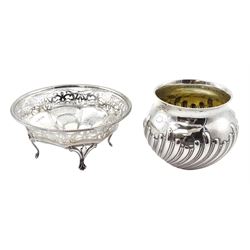 Victorian silver bowl, embossed reeded decoration by Francis Boone Thomas, London 1881 and a silver bowl with pierced decoration on four feet, hallmarks rubbed, approx 10.2oz