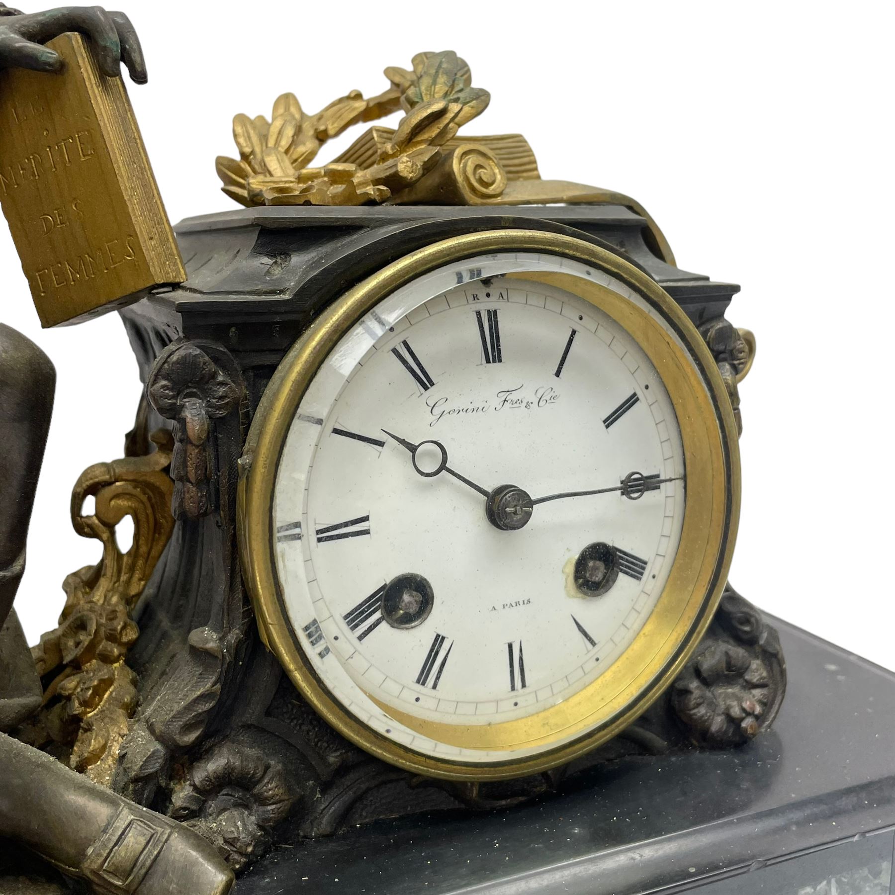 French - 19th century Belgium slate and marble 8-day mantle clock c1860, surmounted with a cast brass figure of the French poet  Ernest Legouve, holding a copy of his collection of poems 