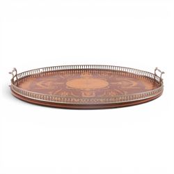19th century inlaid mahogany tray, decorated with rams heads and floral sprigs, with price...