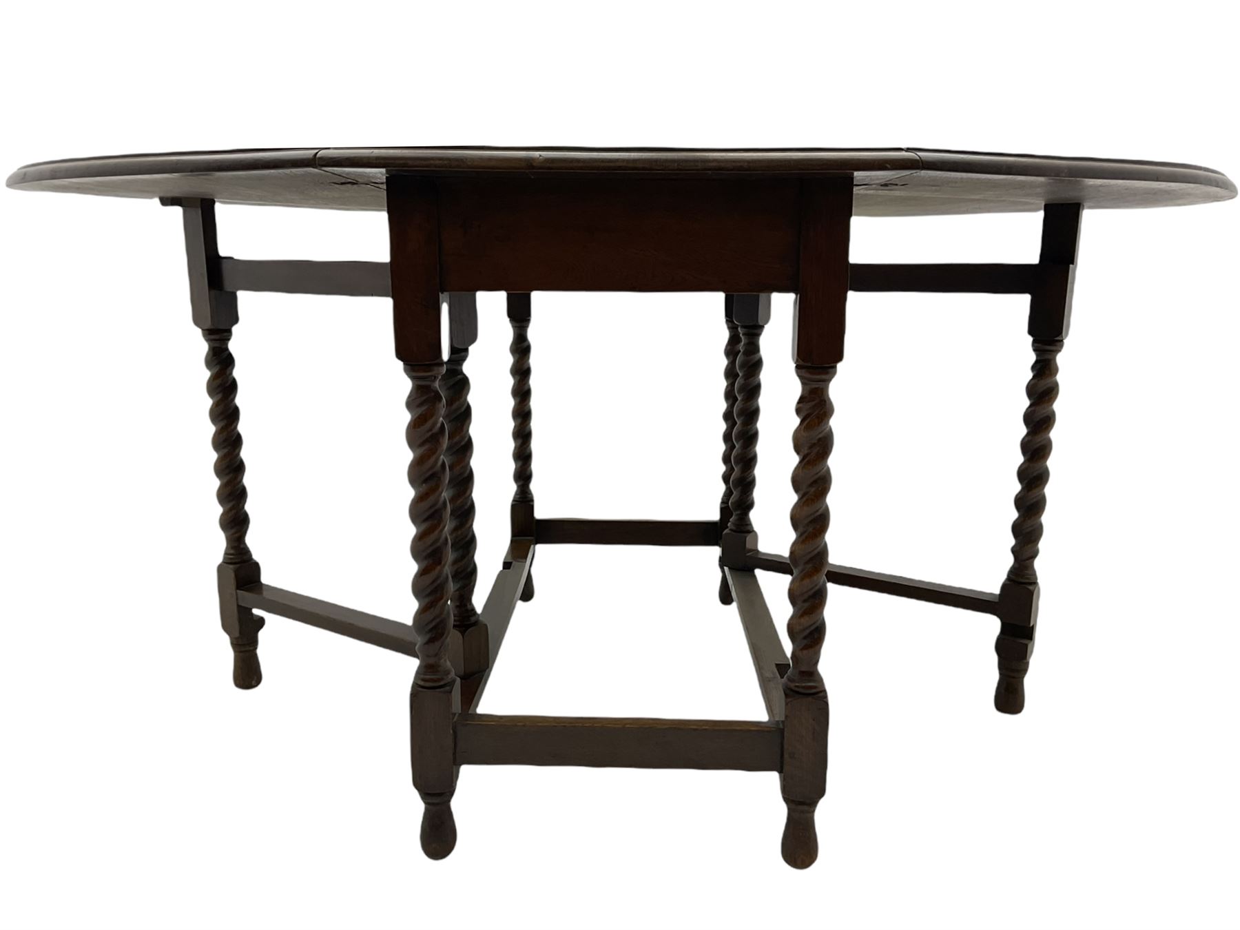 Early 20th century oak barley twist drop leaf dining table (105cm x 154cm, H74cm), and four chairs 