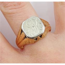 White and yellow gold signet ring, the white gold panel initialled JR