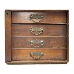 Wooden table top Wellington chest, with four drawers to the front, and hinged locking bar to the right, H32, L37cm