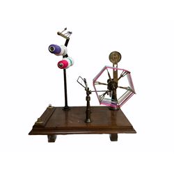 Victorian brass and cast metal wool winder by Goodbrand & Co, Manchester on a mahogany base, L70cm 