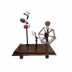 Victorian brass and cast metal wool winder by Goodbrand & Co, Manchester on a mahogany base, L70cm 
