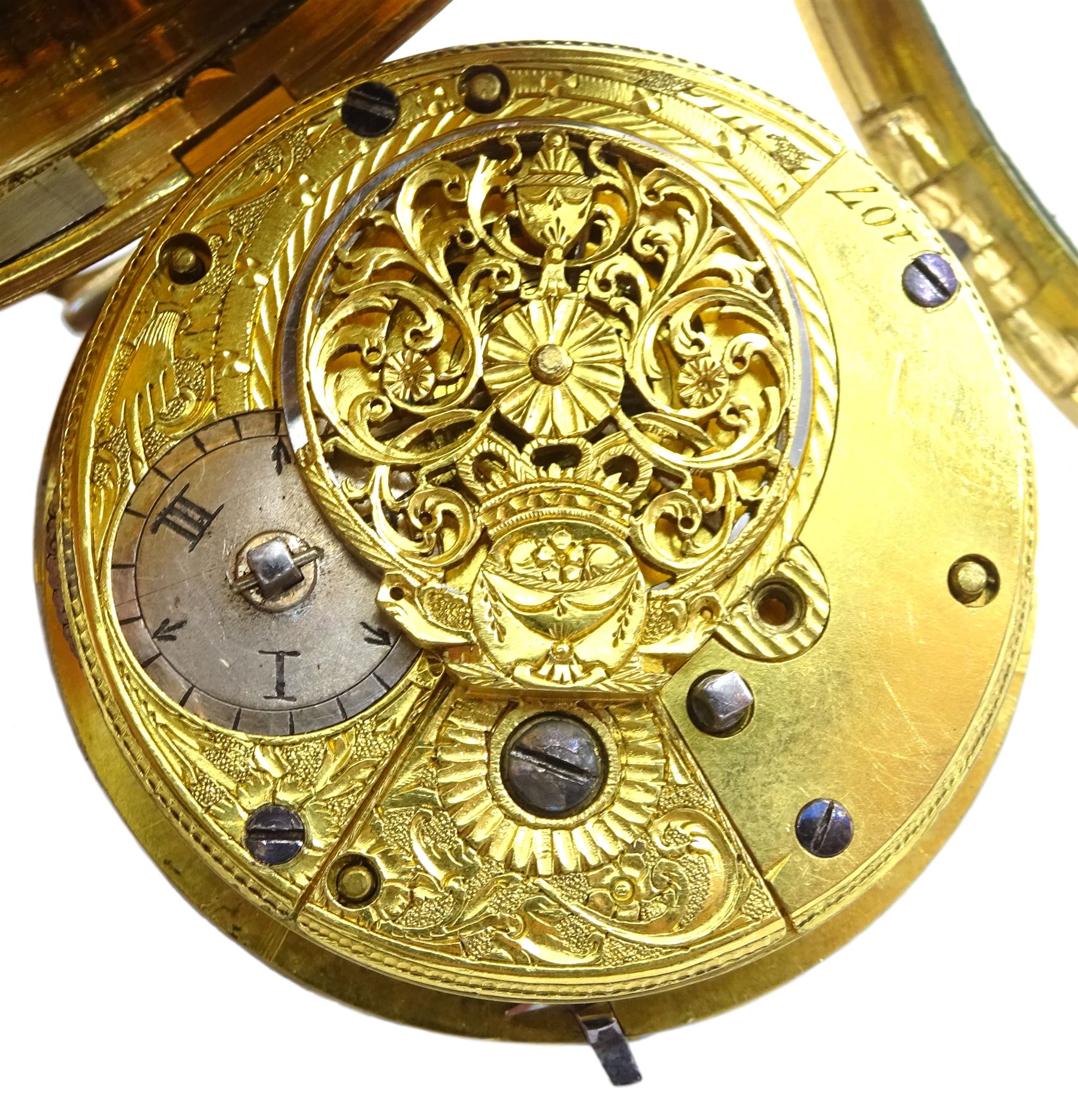 George III gilt verge fusee pocket watch by William Brown, London, No. 219, round baluster pillars, white enamel dial with Arabic numerals, bull's eye glass and one other gilt verge fusee front wound pocket watch (2)