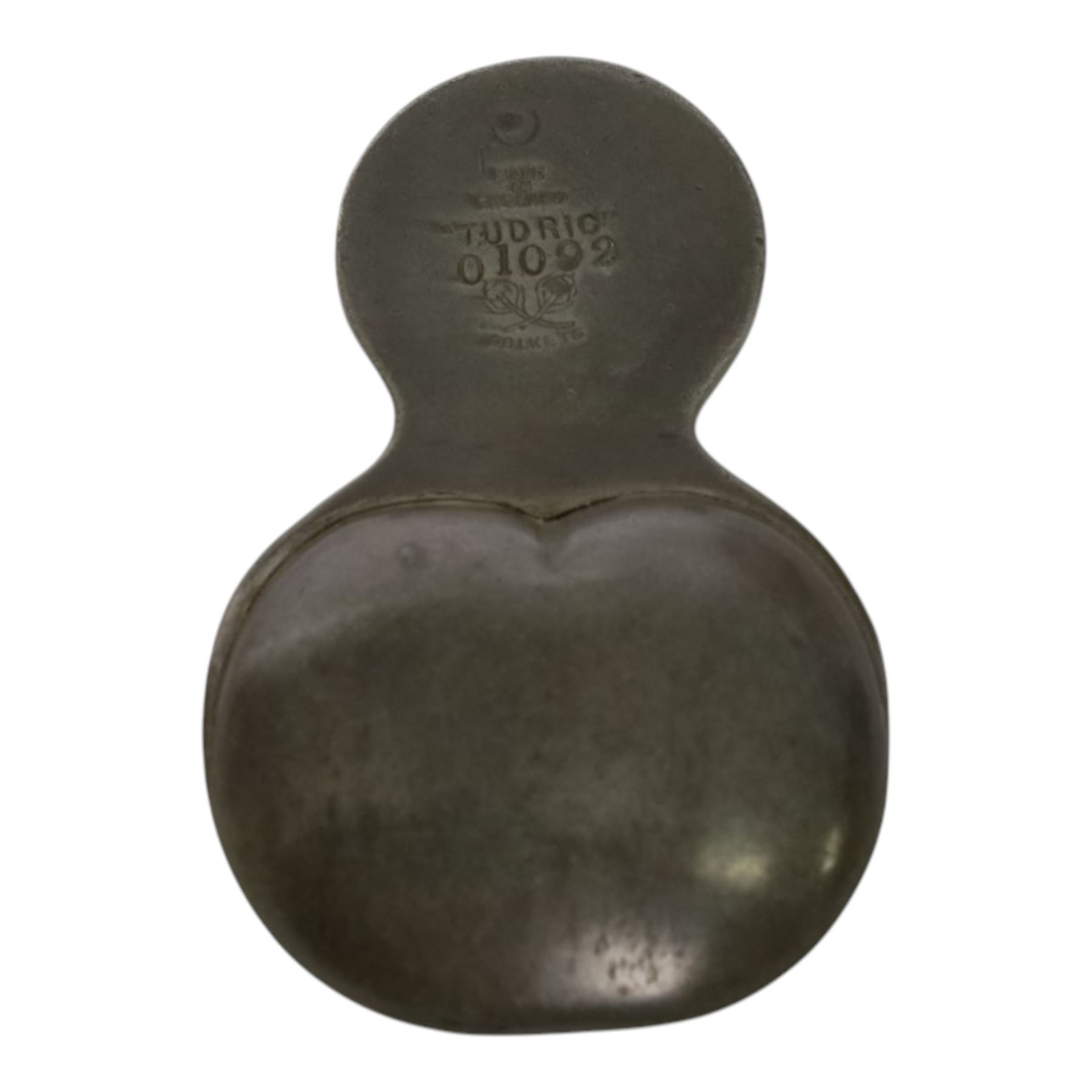 Liberty & Co., Tudric Arts and Crafts pewter caddy spoon, the apple shaped bowl with beaded teardrop handle, model 01092, H7cm