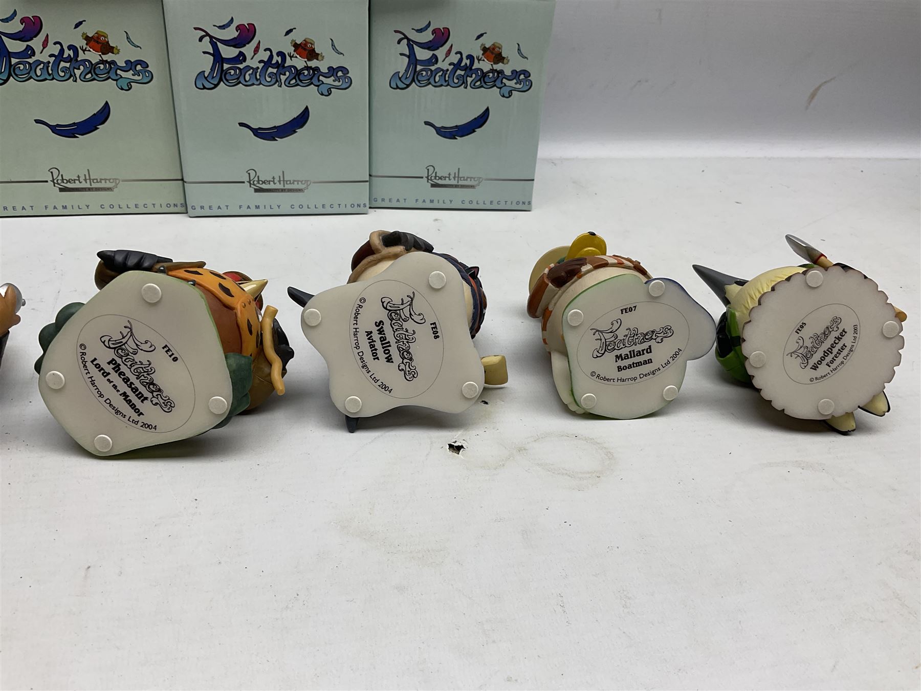 Seven Robert Harrop figures from the Feathers collection, modelled as anthropomorphic birds comprising Blue Tit Milkman, Mallard Boatman, Pheasant Lord of the Manor, Owl School Master, Woodpecker Forester, Swallow Aviator and Seagull Fisherman, all with original boxes