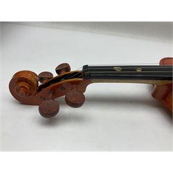 Three Stentor Student violins - three-quarter size with 33cm two-piece back; and two quarter size each with 28cm two-piece back; each in carrying case with bow (3)